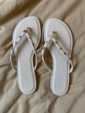 Tory Burch White Thong Sandals with Gold Logo Studs
